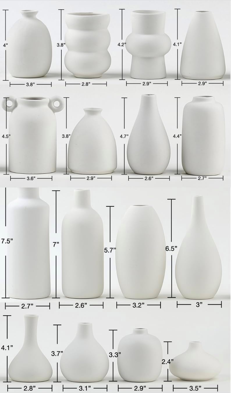 Set of 16 White Ceramic Bud Vases, Minimalist Boho Small Pampas Grass Flower Vase for Farmhouse Home Decor, Wedding Centerpiece, Shelf and Table Decoration