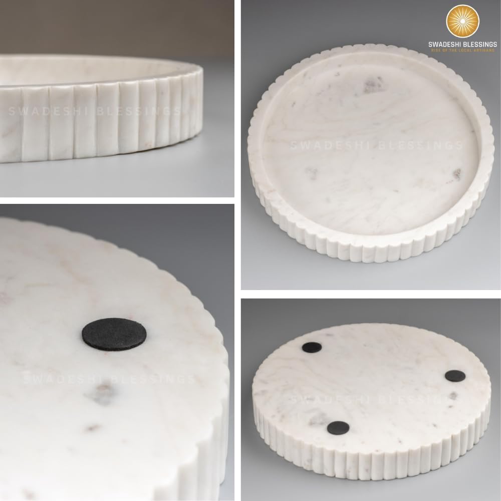 Swadeshi Blessings Handcrafted Marble Decorative Tray for Coffee Table Decor, Round Trays Home Decor, Ottoman Tray for Living Room, Coffee Table Tray, Dining Table Centerpiece Decor, Farmhouse Decor