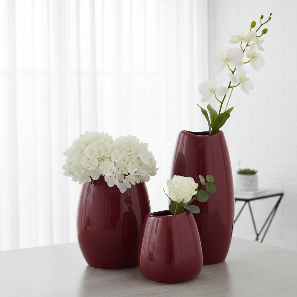 Set of 3 Red Modern Ceramic Vases, Decorative Flower Vases for Shelf, Table, Living Room, Kitchen & Office Home Decor