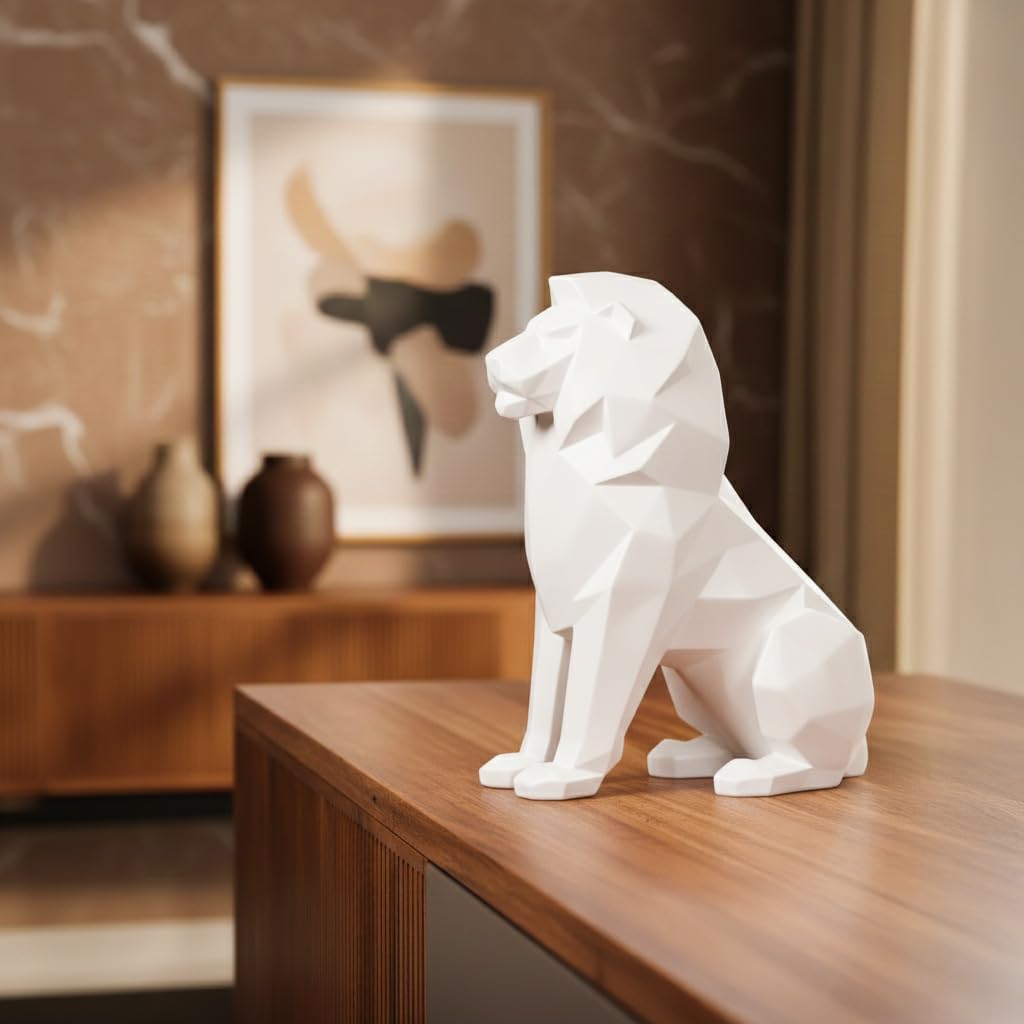 Artarium White Lion Figurine Statue (7.67 Inch), Abstract Geometric Lion Sculpture for Coffee Table, Bookshelf Decor, Living Room & Modern Home Decor