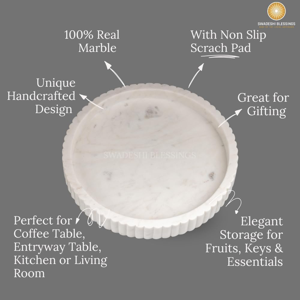 Swadeshi Blessings Handcrafted Marble Decorative Tray for Coffee Table Decor, Round Trays Home Decor, Ottoman Tray for Living Room, Coffee Table Tray, Dining Table Centerpiece Decor, Farmhouse Decor