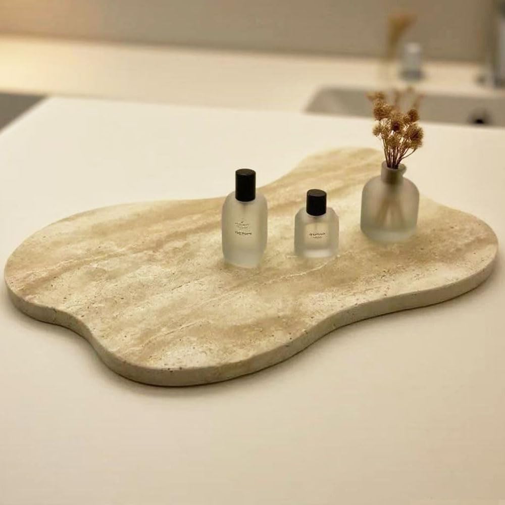 13.3×8.3 Inch Cloud Shaped Natural Travertine Catchall Tray, Beige Stone Decor Tray for Bathroom Counter, Dresser & Coffee Table Jewelry Perfume Storage