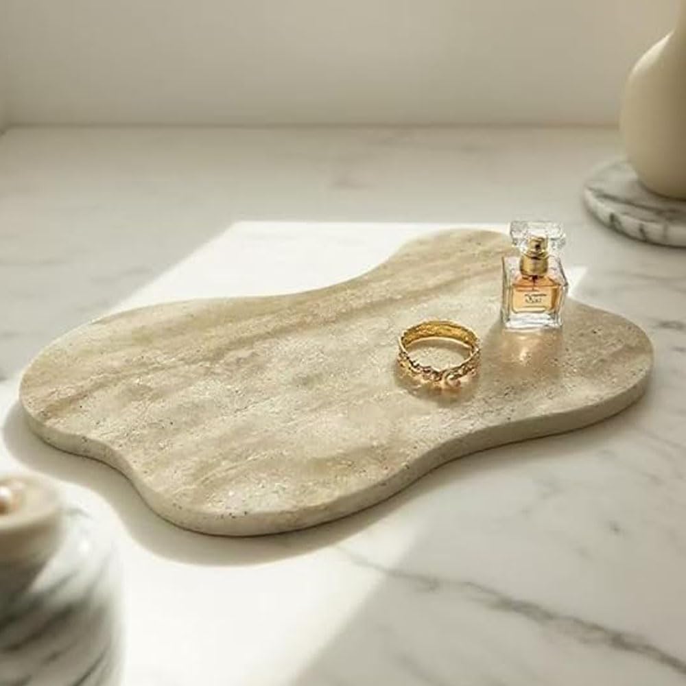 13.3×8.3 Inch Cloud Shaped Natural Travertine Catchall Tray, Beige Stone Decor Tray for Bathroom Counter, Dresser & Coffee Table Jewelry Perfume Storage