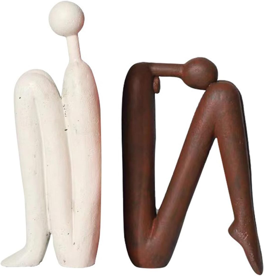 Abstract Matchstick Man Sculpture - Minimalist Modern Resin Figurine Bookend, Geometric Decor for Living Room and Study, 8-10 Inches (White Head Up)