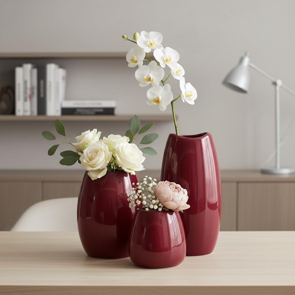 Set of 3 Red Modern Ceramic Vases, Decorative Flower Vases for Shelf, Table, Living Room, Kitchen & Office Home Decor