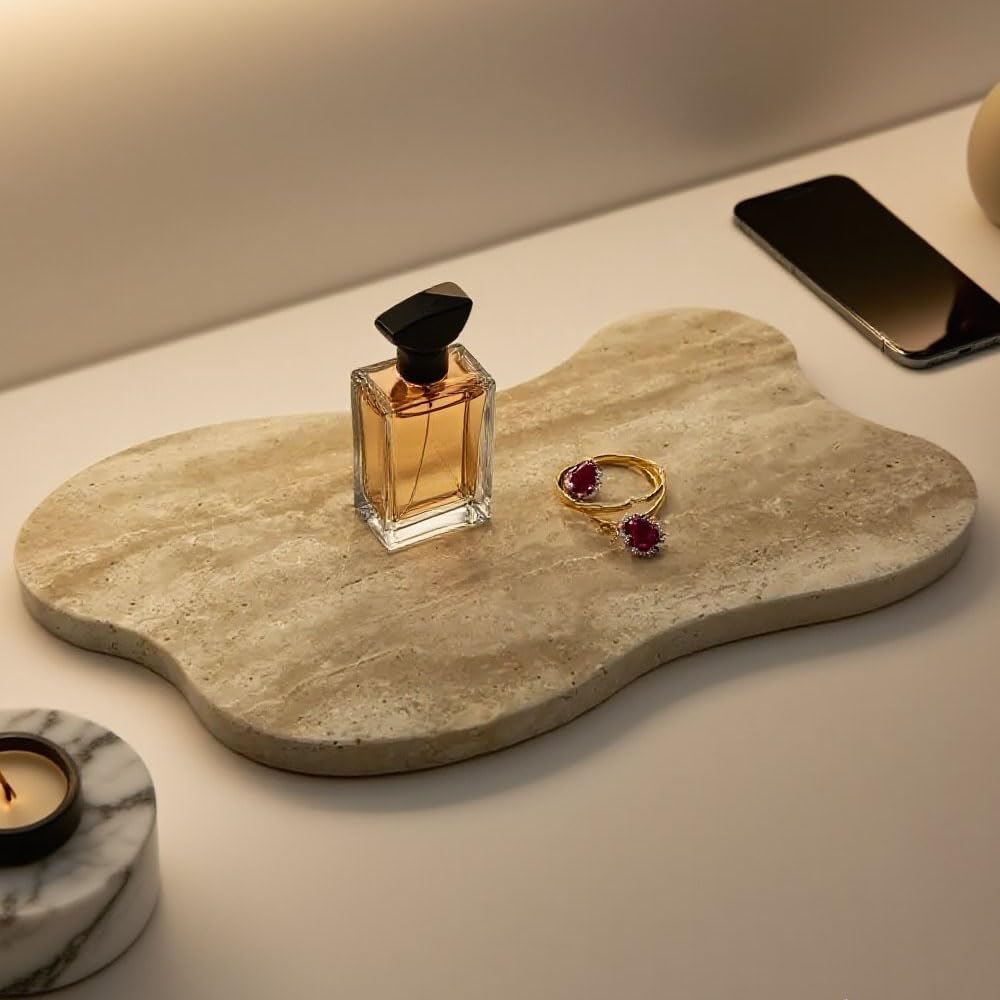 13.3×8.3 Inch Cloud Shaped Natural Travertine Catchall Tray, Beige Stone Decor Tray for Bathroom Counter, Dresser & Coffee Table Jewelry Perfume Storage