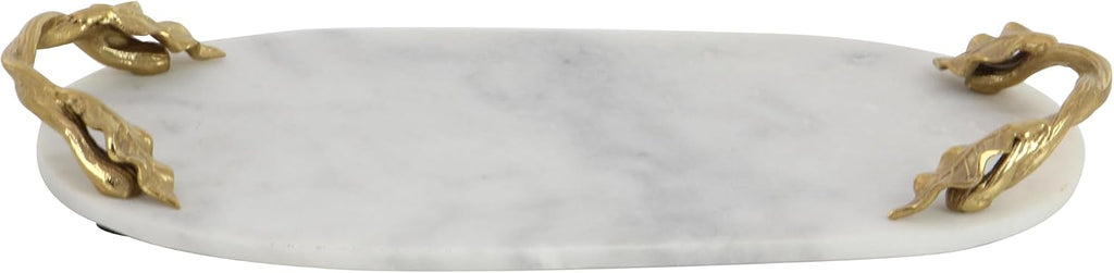 Deco 79 Marble Oval Tray with Gold Twisted Leaf Handles, 20" x 10" x 2", White