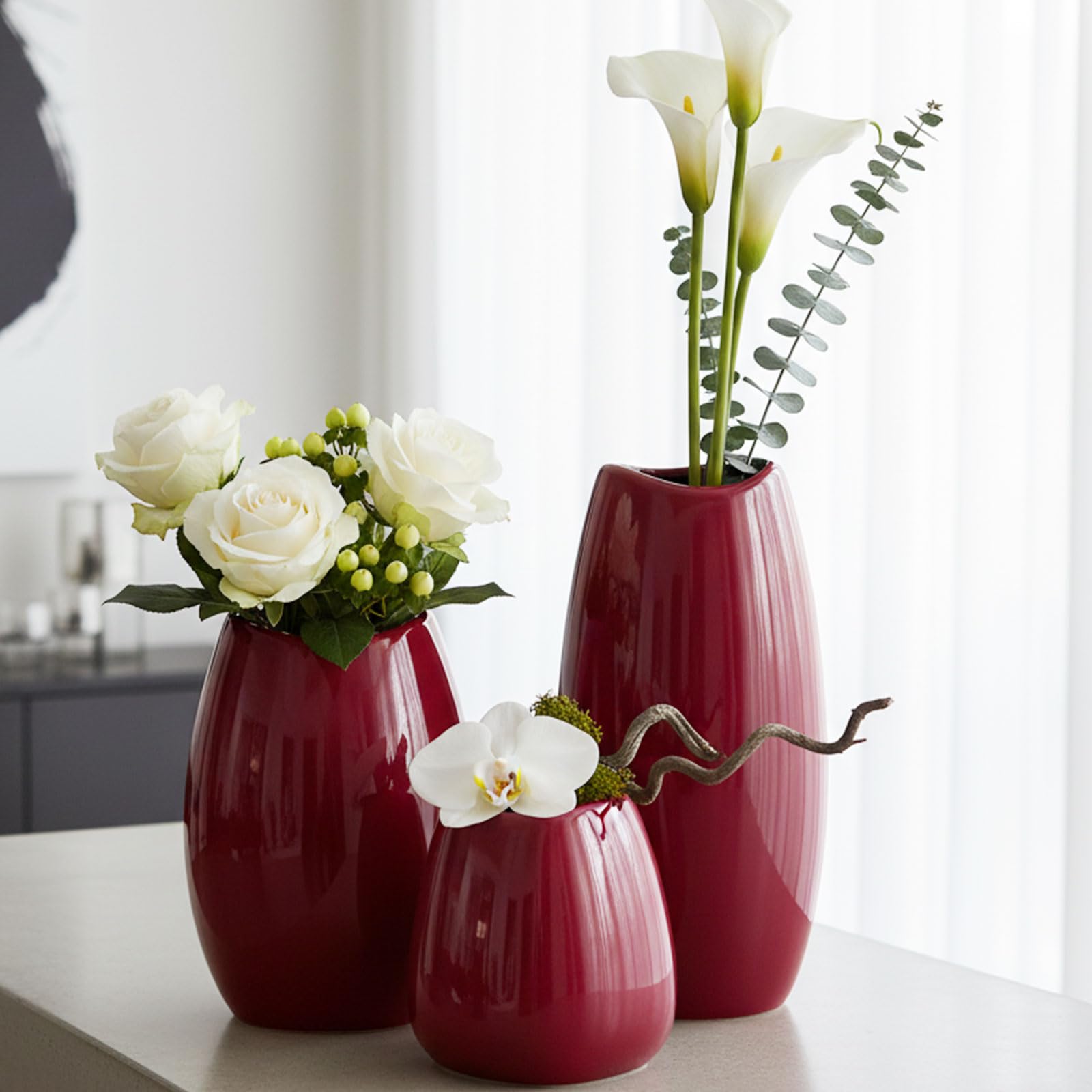 Set of 3 Red Modern Ceramic Vases, Decorative Flower Vases for Shelf, Table, Living Room, Kitchen & Office Home Decor