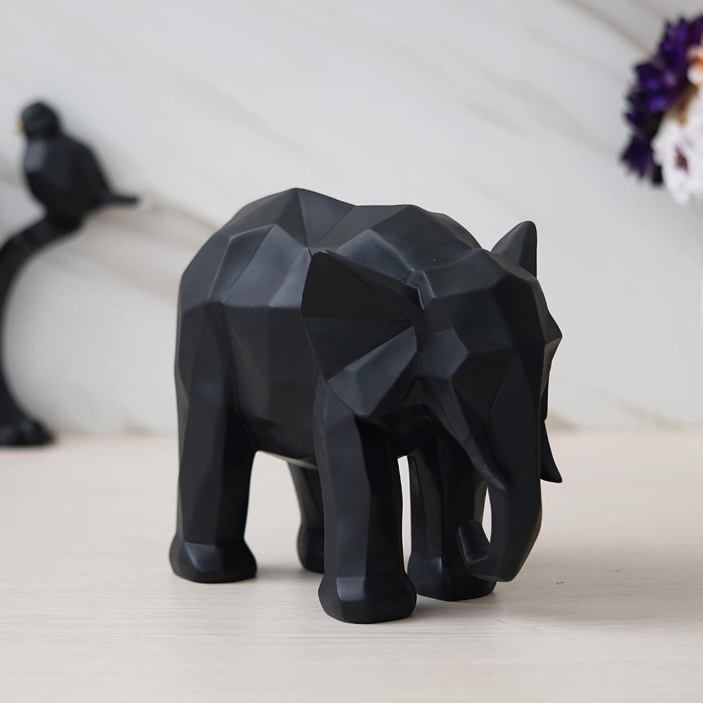 Geometric Resin Black Elephant Sculpture Outdoor Antique Design Animal Figurine Handicraft Wildlife Showpiece for Home Office Table Living Room Car Decor and Gift Purpose