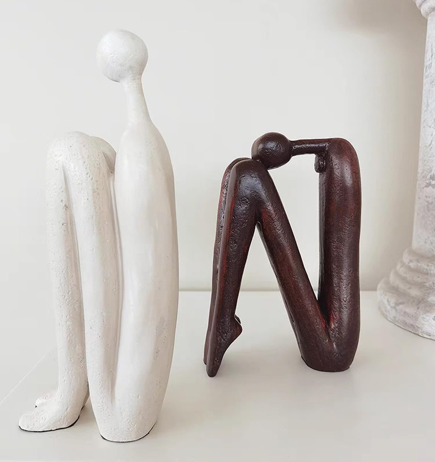 Abstract Matchstick Man Sculpture - Minimalist Modern Resin Figurine Bookend, Geometric Decor for Living Room and Study, 8-10 Inches (White Head Up)