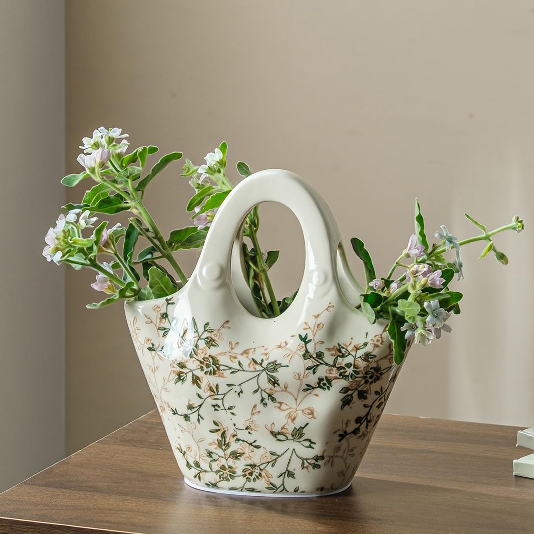 Ceramic Flower Vases Set of 3 | Green Rustic Farmhouse Vase Set for Home Decor, Vintage Floral Decorative Vase for Living Room & Kitchen, Mantel & Bookshelf, Centerpieces, Entryway(5.7+5.9+7.1Inch)