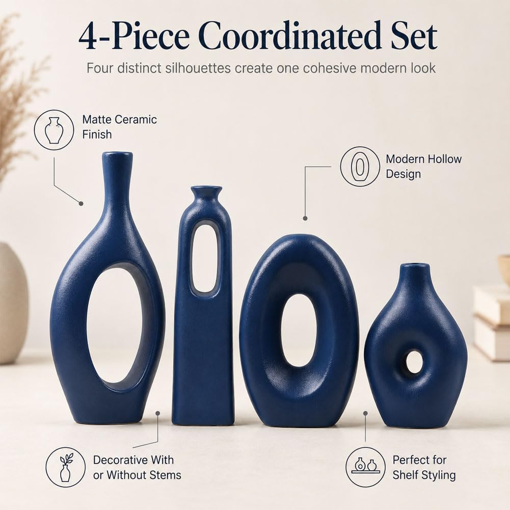 Blue Ceramic Vase Set of 4 - Round Hollow Boho Vases for Pampas Grass and Flowers Decor, Modern Minimalist Small Vases for Living Room, Bedroom, Fireplace, Coffee Table Decor and Centerpieces