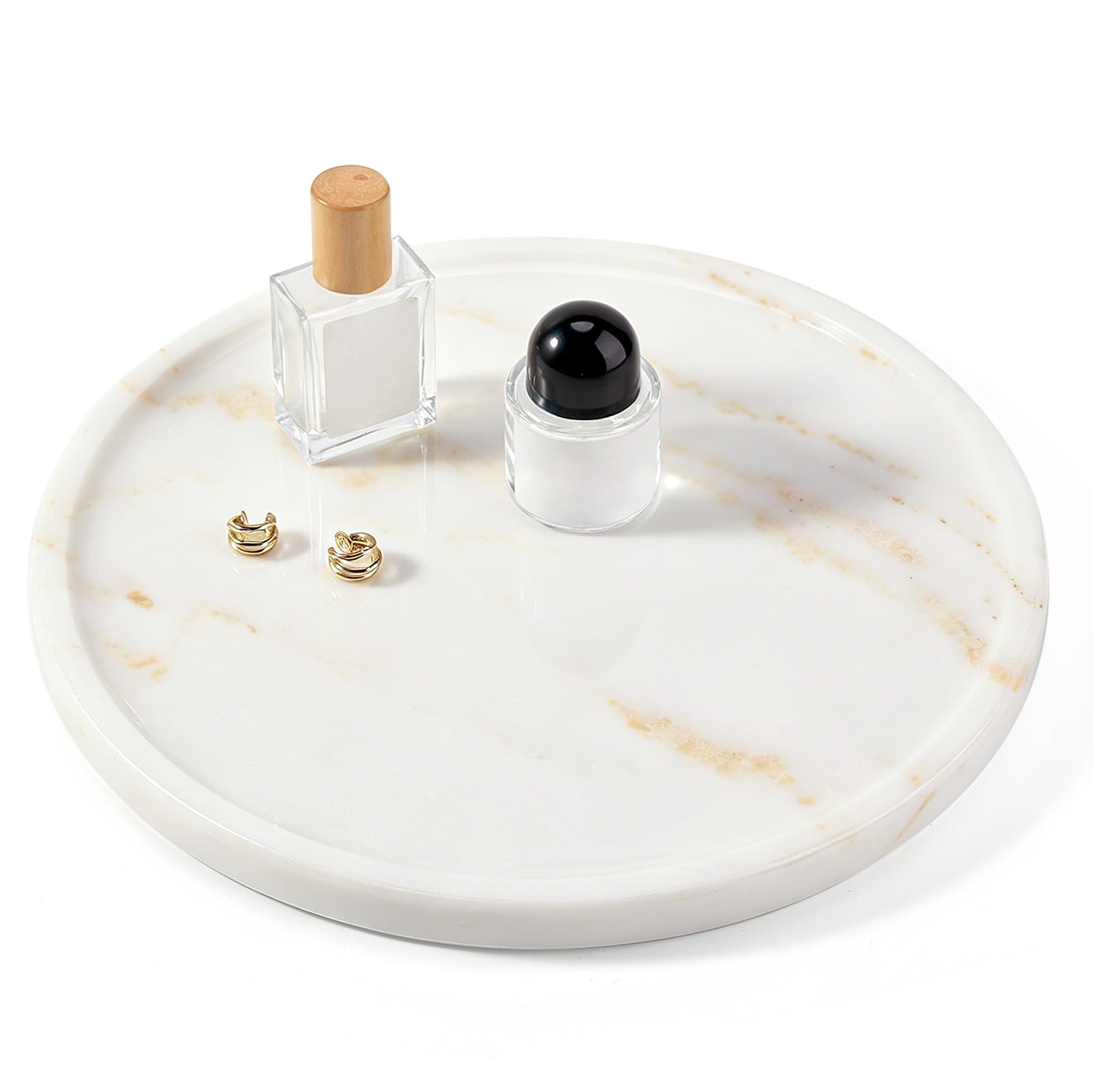 Natural Marble Serving Tray, 11.8in Round, Carrara Marble, Bathroom/Kitchen/Coffee Table Tray for Counter, Decorative Vanity for Catchall, Fruit and Snack