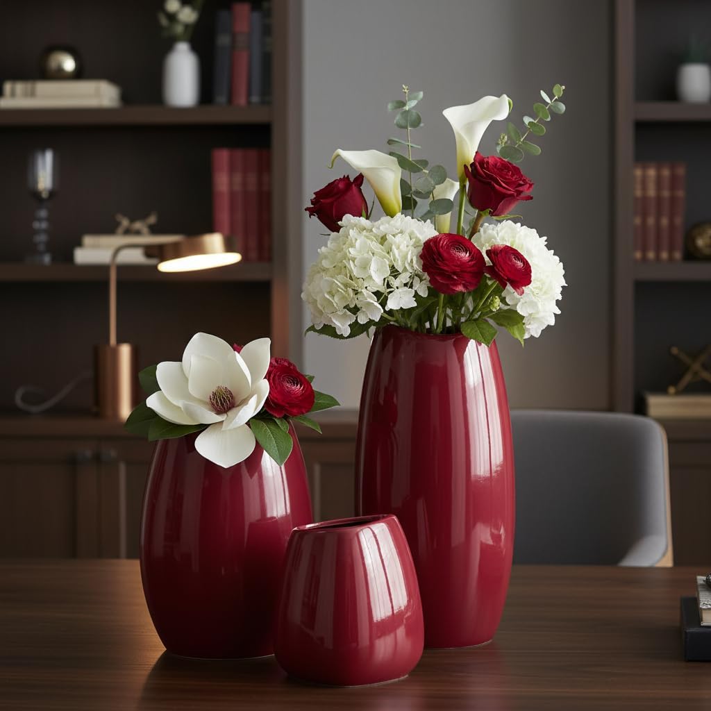 Set of 3 Red Modern Ceramic Vases, Decorative Flower Vases for Shelf, Table, Living Room, Kitchen & Office Home Decor