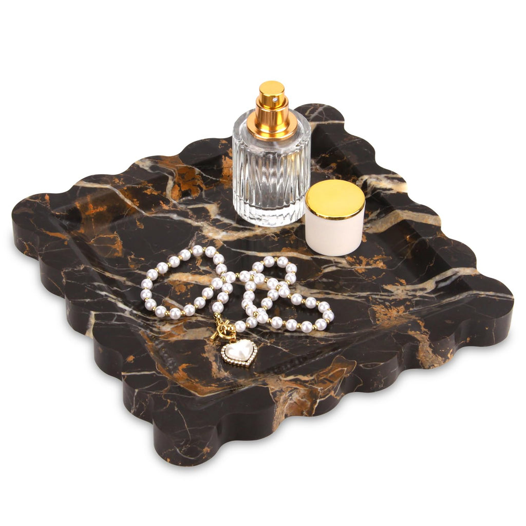 Square Marble Decorative Tray with Scalloped Edge,Luxury Natural Stone Bathroom Vanity Tray, Dresser Top Perfume Coffee Home Kitchen Sink Tray, Key Trinket Ring (Rosso Lepanto, 8 * 8)