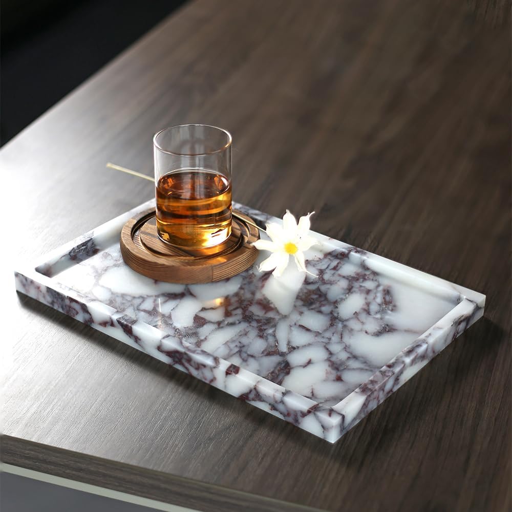 Real Luxurious Natural Marble Vanity Tray Genuine Marble Storage Tray for Home Decor Stone Tray for Bathroom/Kitchen/Vanity/Dresser,Plate Holder for Tissues, Candles, Towel