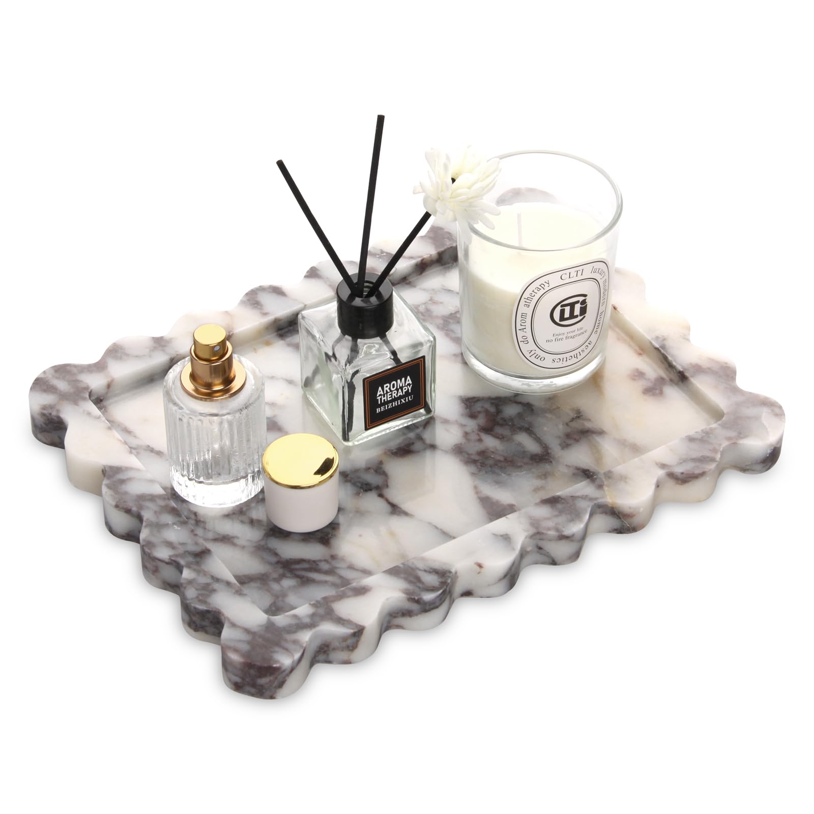 Square Marble Decorative Tray with Scalloped Edge,Luxury Natural Stone Bathroom Vanity Tray, Dresser Top Perfume Coffee Home Kitchen Sink Tray, Key Trinket Ring (Rosso Lepanto, 8 * 8)