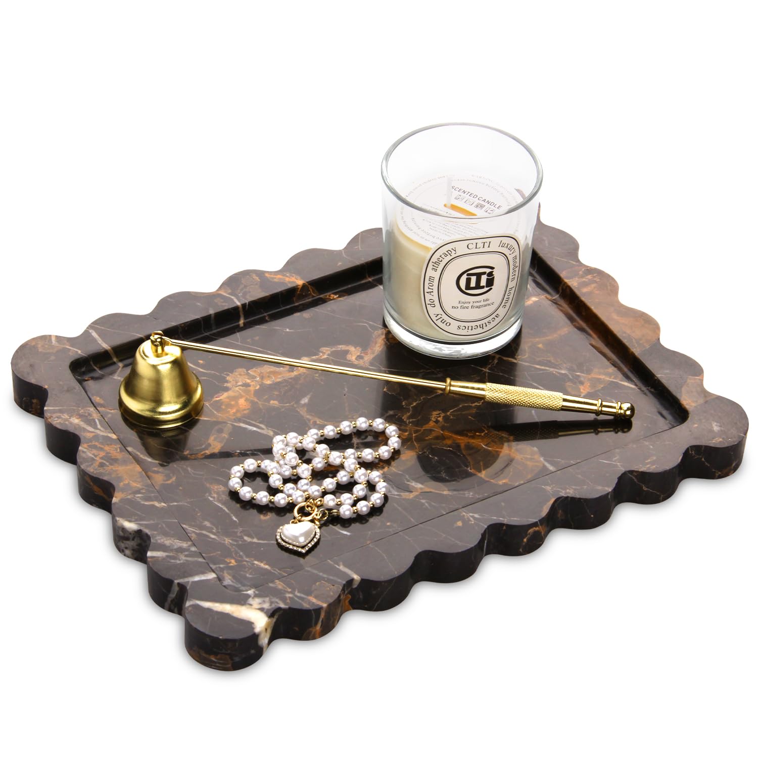 Square Marble Decorative Tray with Scalloped Edge,Luxury Natural Stone Bathroom Vanity Tray, Dresser Top Perfume Coffee Home Kitchen Sink Tray, Key Trinket Ring (Rosso Lepanto, 8 * 8)