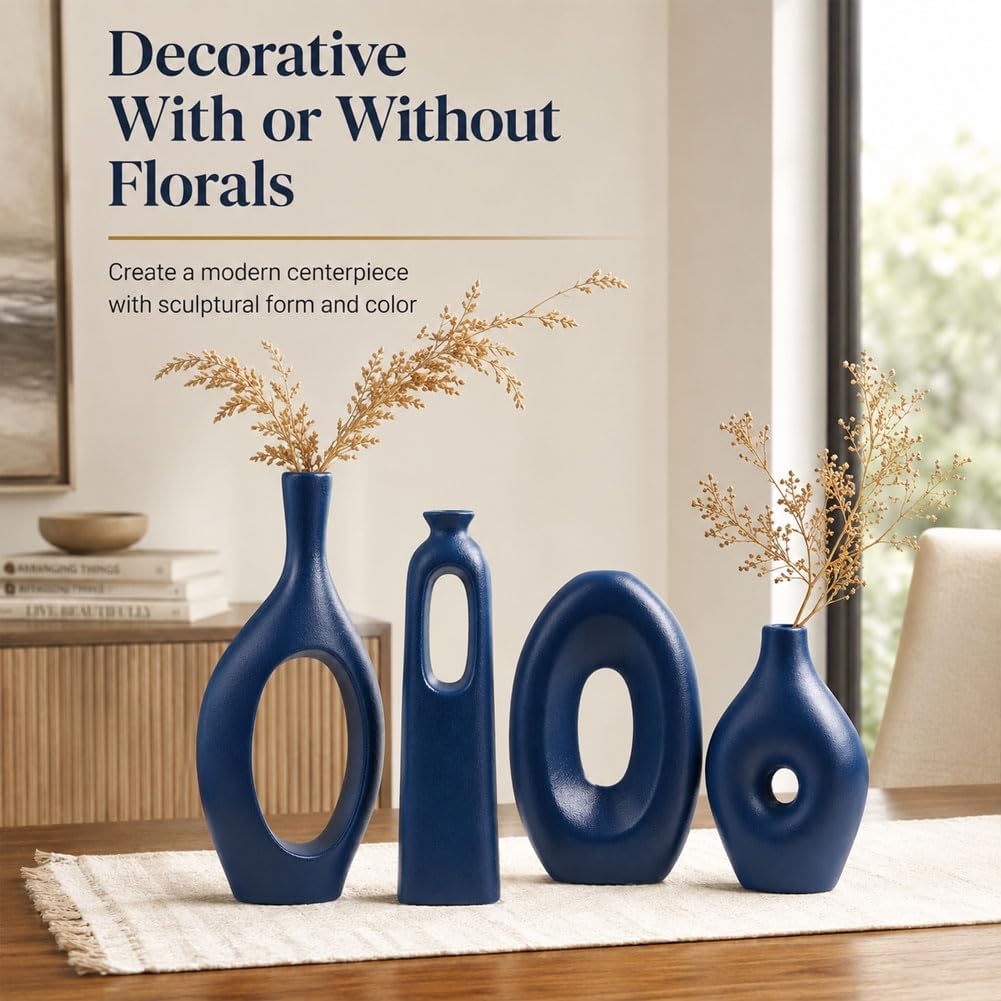 Blue Ceramic Vase Set of 4 - Round Hollow Boho Vases for Pampas Grass and Flowers Decor, Modern Minimalist Small Vases for Living Room, Bedroom, Fireplace, Coffee Table Decor and Centerpieces