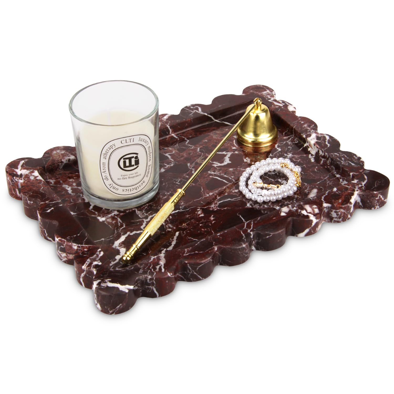 Square Marble Decorative Tray with Scalloped Edge,Luxury Natural Stone Bathroom Vanity Tray, Dresser Top Perfume Coffee Home Kitchen Sink Tray, Key Trinket Ring (Rosso Lepanto, 8 * 8)