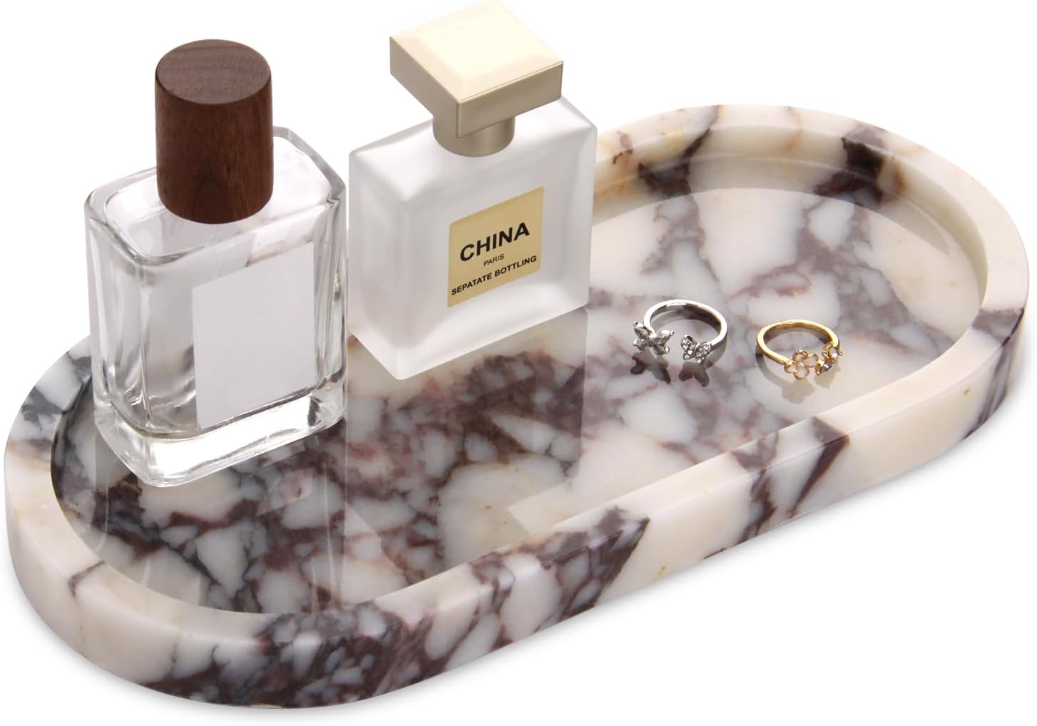 Natural Marble Tray Oval, Bathroom Vanity Tray for Countertop, Elegant Stone Decorative Organizer for Perfume, Jewelry, Home Decor (1, Calacatta Viola, 10 x 5 x 0.6)