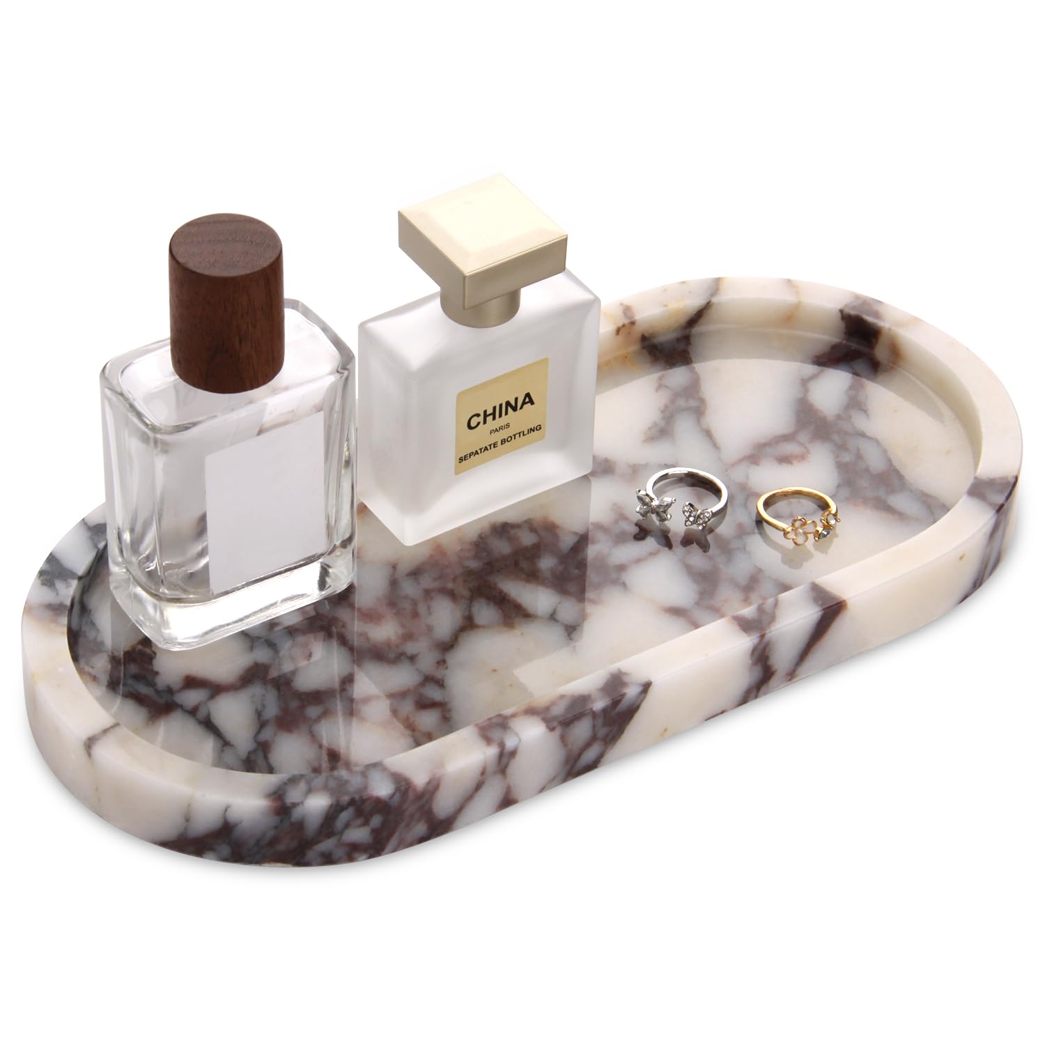 Natural Marble Tray Oval, Bathroom Vanity Tray for Countertop, Elegant Stone Decorative Organizer for Perfume, Jewelry, Home Decor (1, Calacatta Viola, 10 x 5 x 0.6)