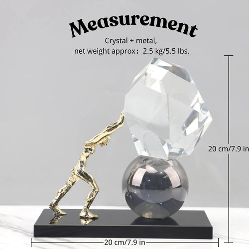 Abstract Atlas Crystal & Metal Sculpture – Handmade Modern Art Figurine, Geometric Crystal Stone Statue for Home Office Decoration & Collectible Gift (7.9'' x 4.1'' x 7.9'', 6 lbs)