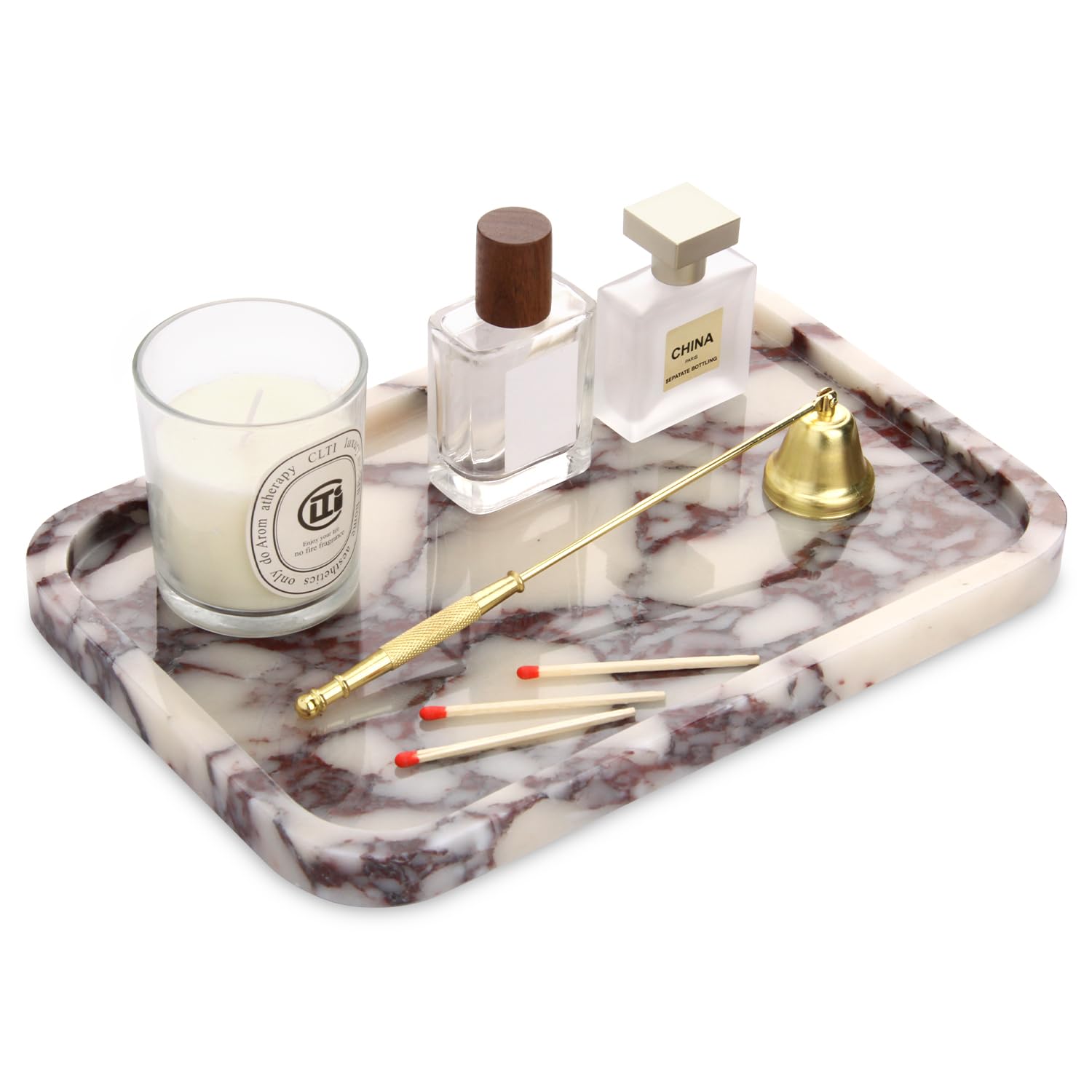 Marble Bathroom Vanity Tray, Natural Marble Home Kitchen Table Tray, Stone Decorative Countertop Serving Organizer for Dresser Coffee Perfume Jewelry Makeup (1, Dark Brown L, 12 * 8 * 0.8)