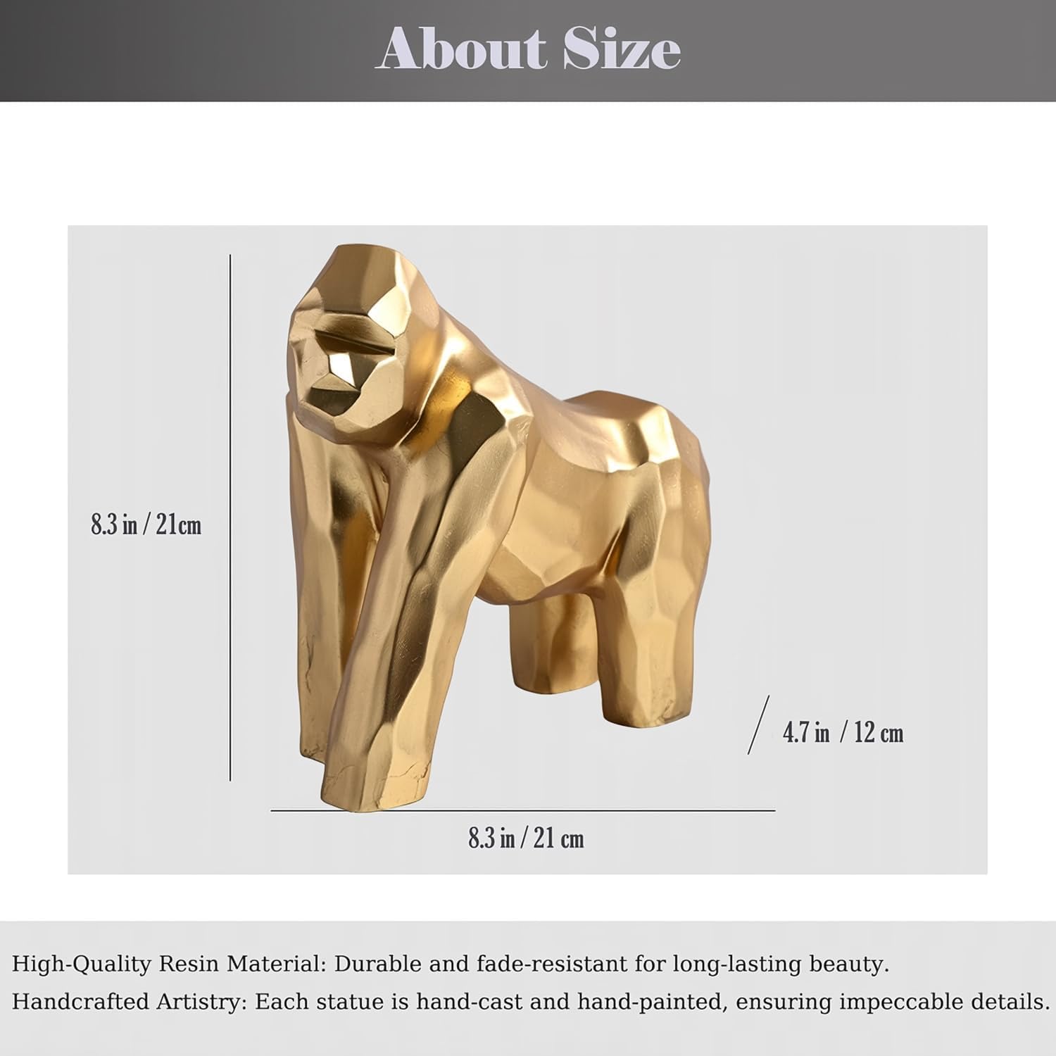 Golden Gorilla Statue - Abstract Art Resin Sculpture for Home and Office Decor - Tabletop, Bookshelf, or Desktop Ornament - 8.3" H - Gift for Animal Lovers
