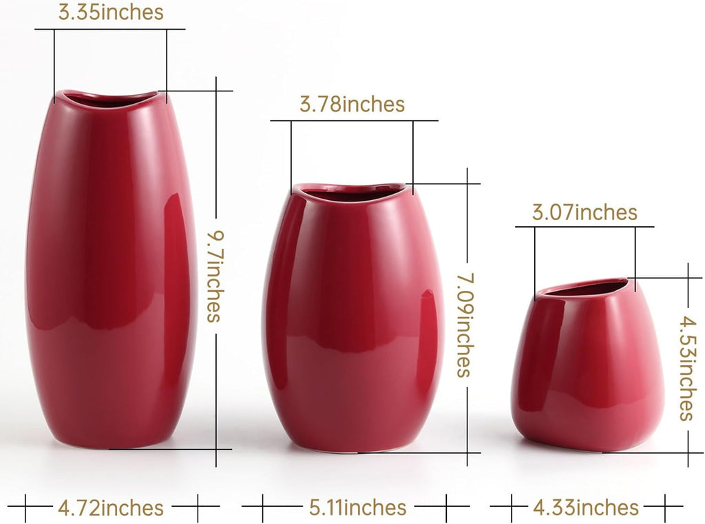Set of 3 Red Modern Ceramic Vases, Decorative Flower Vases for Shelf, Table, Living Room, Kitchen & Office Home Decor