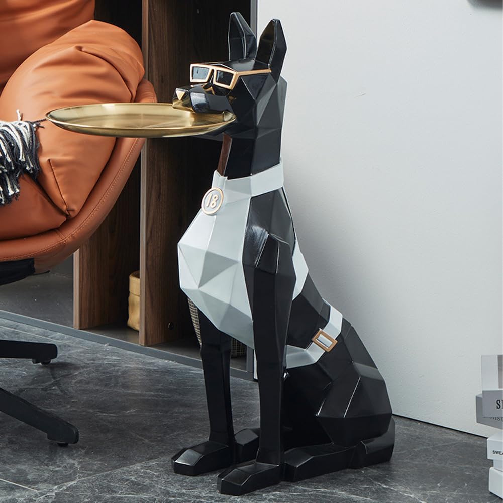 WAYUTO Resin Dog Sculpture with Serving Tray Dog Tray Figurine Animal Statue with Tray Dog Statue Ornament Geometric Dog Statue for Home Decoration