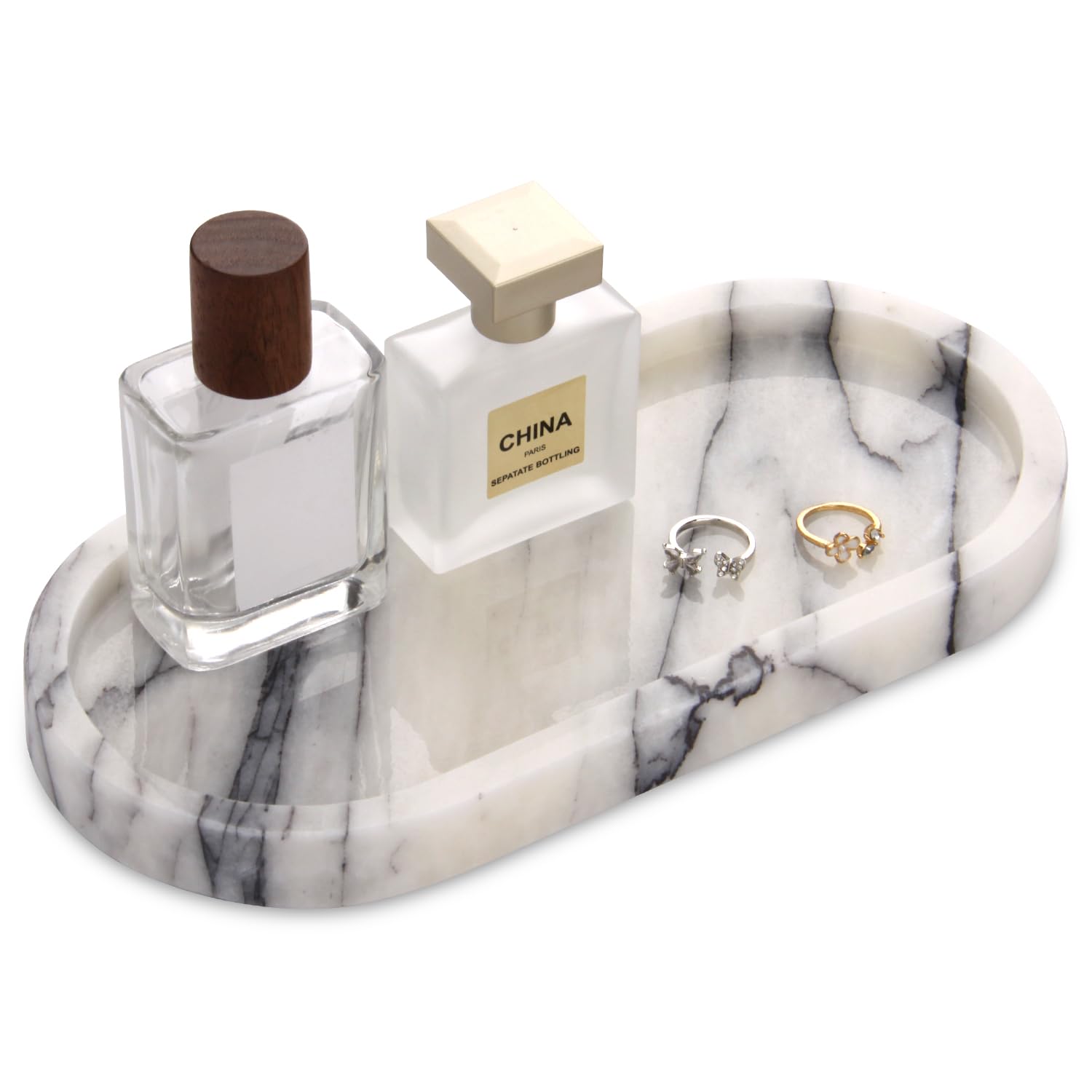 Natural Marble Tray Oval, Bathroom Vanity Tray for Countertop, Elegant Stone Decorative Organizer for Perfume, Jewelry, Home Decor (1, Calacatta Viola, 10 x 5 x 0.6)