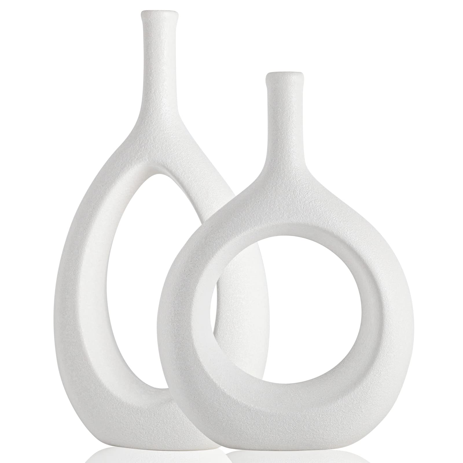 Black and White Ceramic Hollow Elliptical Vase Set of 2 - Boho Circle Vase with Hole, for Modern Black and White Table Decor, Living Room Decor Shelf mid Century Modern Home Entrance Decorative vase