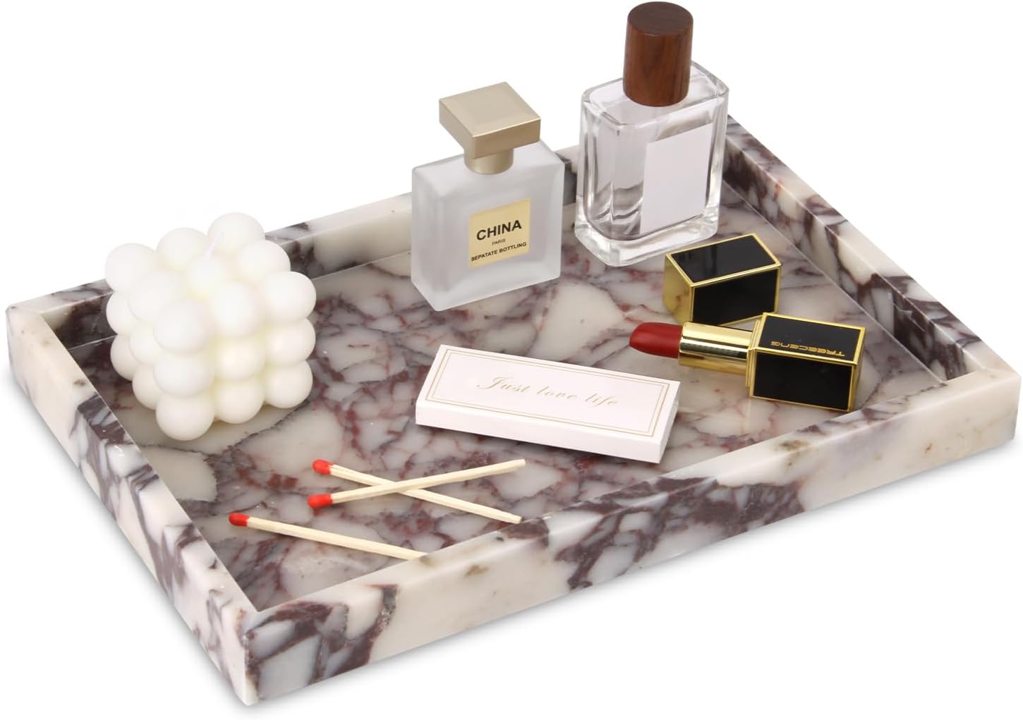Marble Bathroom Vanity Tray, Natural Luxury Vanity Home Kitchen Bathroom Table Tray, Stone Decorative Countertop Dresser Trays for Key Coffee Perfume Jewelry Makeup (Calacatta Viola, 12"x 8" x1.2")