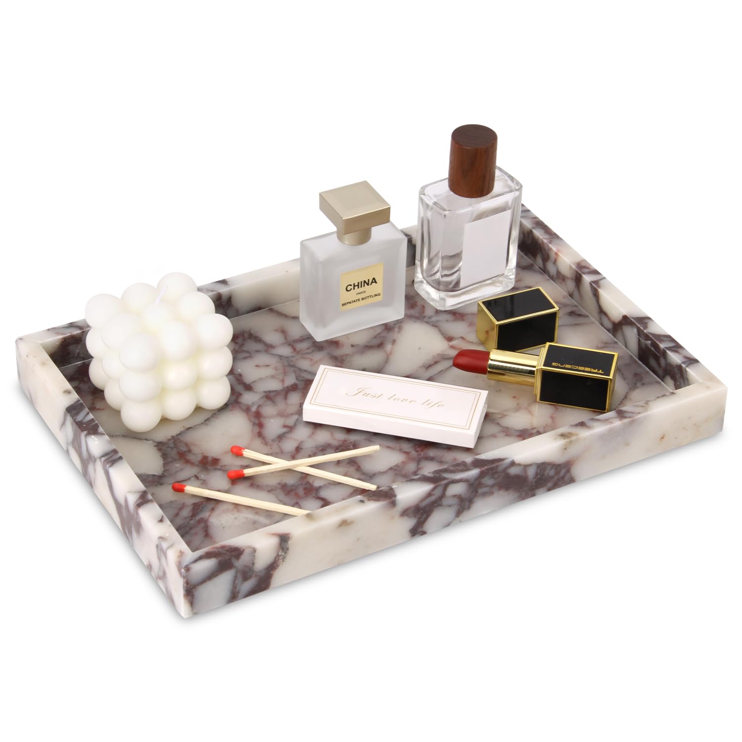 Marble Bathroom Vanity Tray, Natural Luxury Vanity Home Kitchen Bathroom Table Tray, Stone Decorative Countertop Dresser Trays for Key Coffee Perfume Jewelry Makeup (Calacatta Viola, 12"x 8" x1.2")