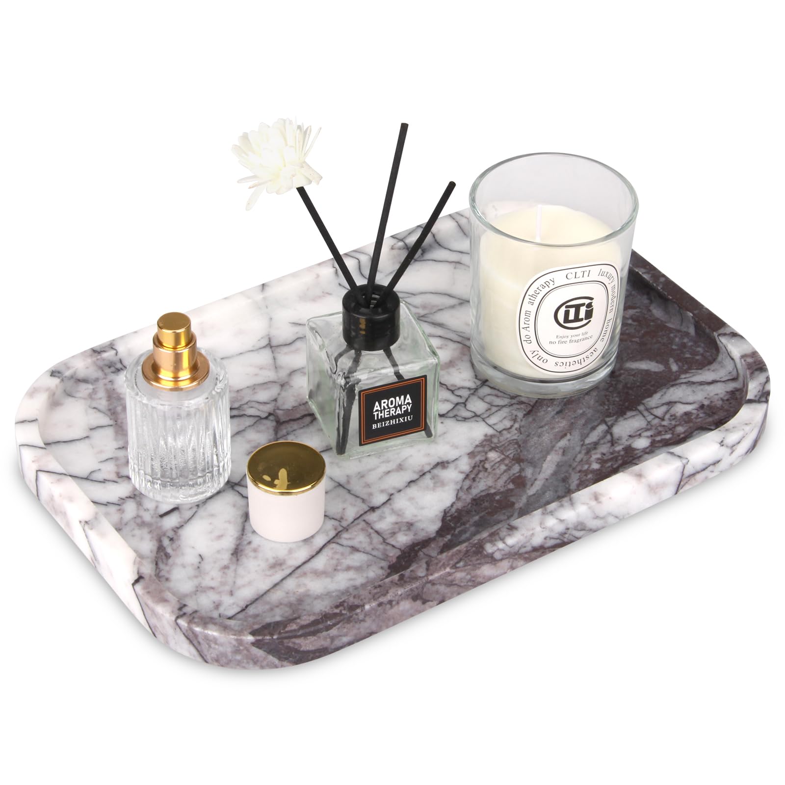 Marble Bathroom Vanity Tray, Natural Marble Home Kitchen Table Tray, Stone Decorative Countertop Serving Organizer for Dresser Coffee Perfume Jewelry Makeup (1, Dark Brown L, 12 * 8 * 0.8)