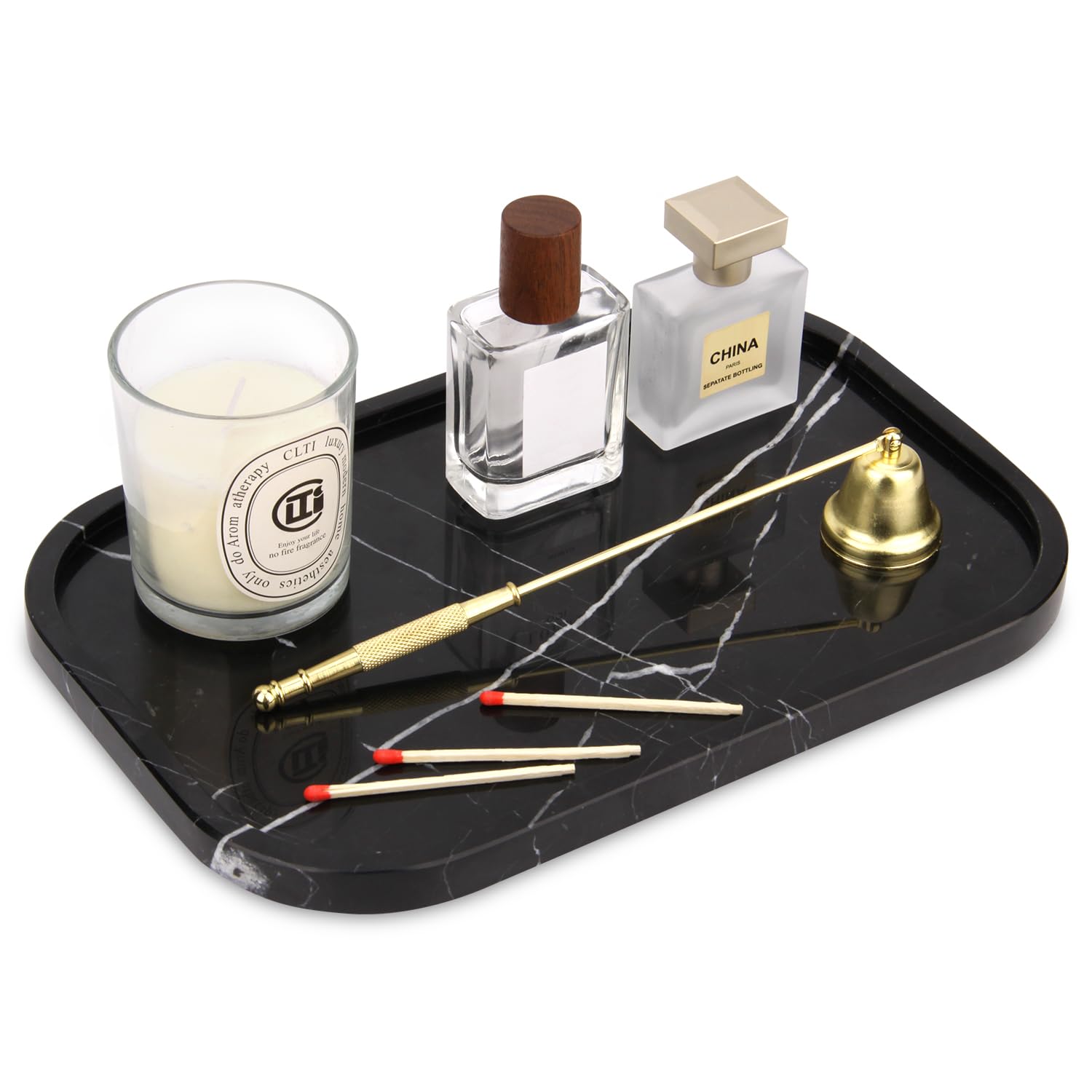 Marble Bathroom Vanity Tray, Natural Marble Home Kitchen Table Tray, Stone Decorative Countertop Serving Organizer for Dresser Coffee Perfume Jewelry Makeup (1, Dark Brown L, 12 * 8 * 0.8)