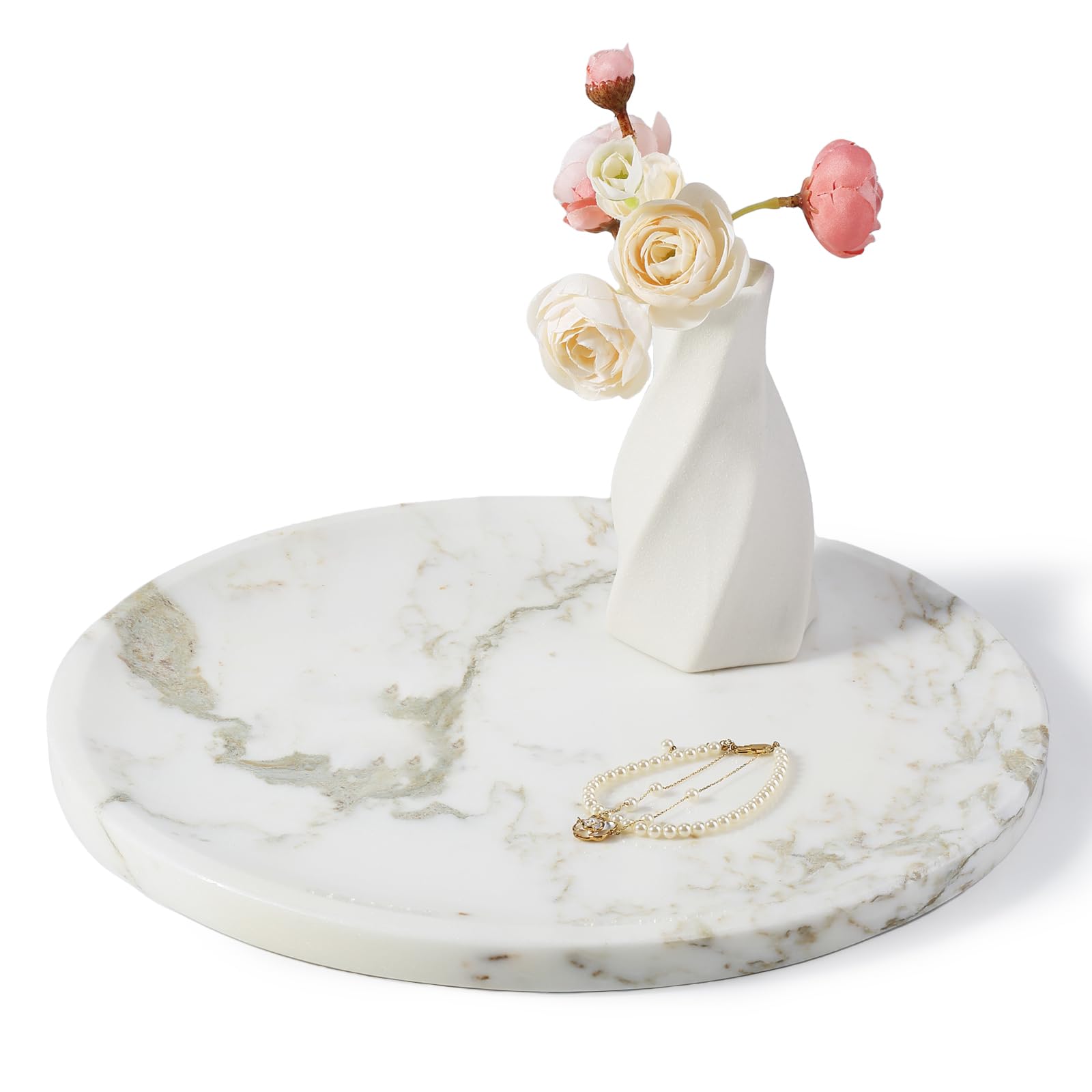 Natural Marble Serving Tray, 11.8in Round, Carrara Marble, Bathroom/Kitchen/Coffee Table Tray for Counter, Decorative Vanity for Catchall, Fruit and Snack