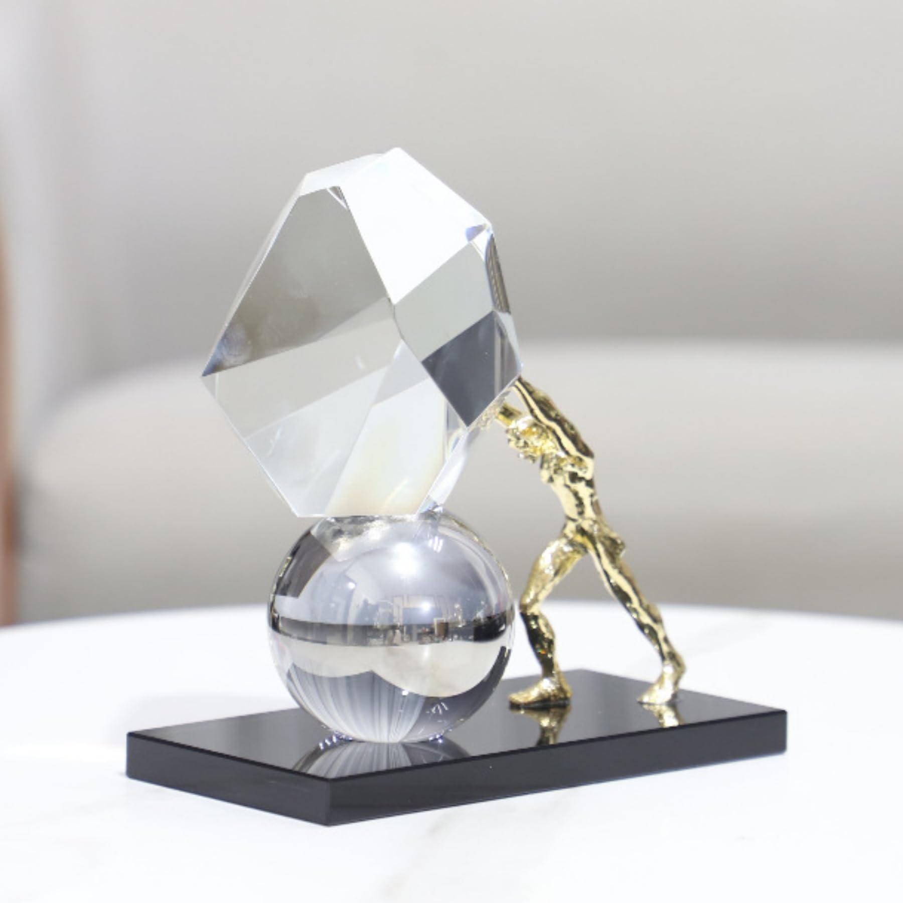 Abstract Atlas Crystal & Metal Sculpture – Handmade Modern Art Figurine, Geometric Crystal Stone Statue for Home Office Decoration & Collectible Gift (7.9'' x 4.1'' x 7.9'', 6 lbs)