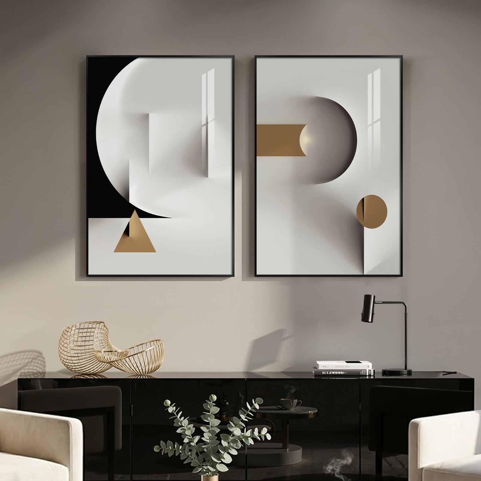 24x36 Inch 2-Piece Framed Black Beige Abstract Canvas Prints, Minimalist Black White Wall Art Decor for Living Room, Dining, Hallway & Bedroom