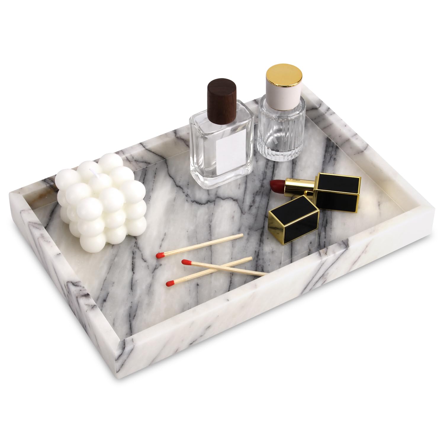 Marble Bathroom Vanity Tray, Natural Luxury Vanity Home Kitchen Bathroom Table Tray, Stone Decorative Countertop Dresser Trays for Key Coffee Perfume Jewelry Makeup (Calacatta Viola, 12"x 8" x1.2")