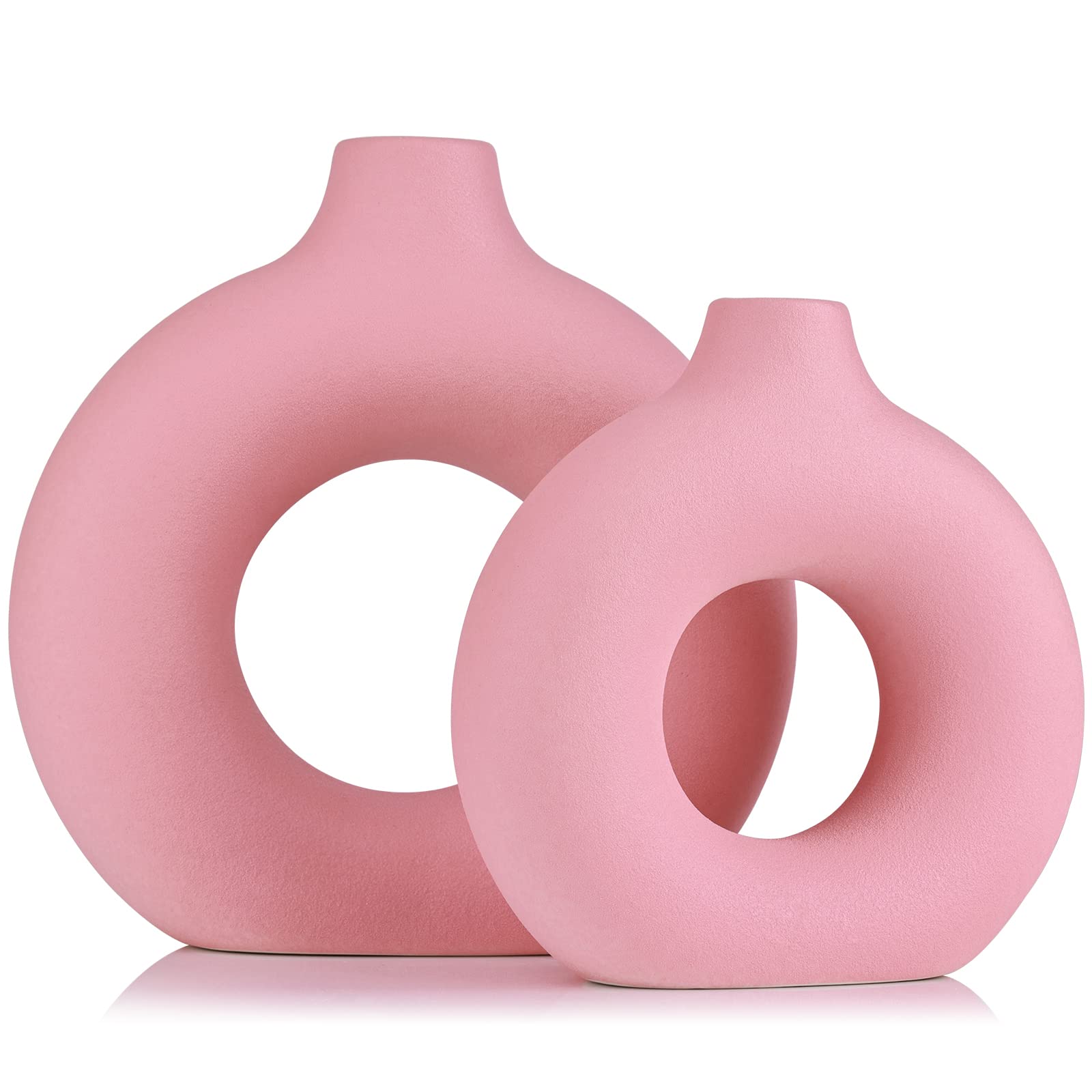 Terracotta Vase Decor Donut Vase Set of 2 - Circle Hollow Vases, Modern Matte Ceramic Vases for Entryway Living Room Bedroom Dining Table Centerpiece Office Home Decor