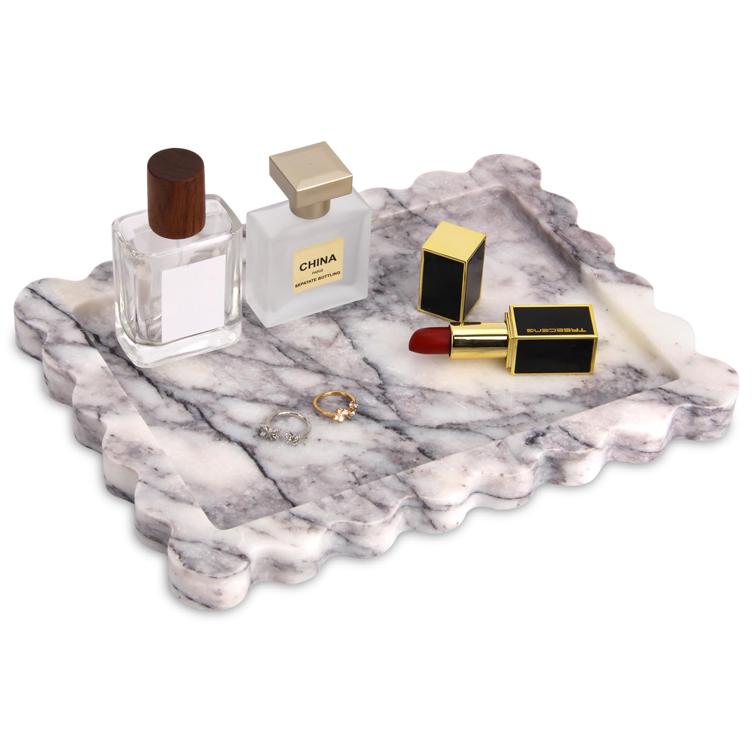 Square Marble Decorative Tray with Scalloped Edge,Luxury Natural Stone Bathroom Vanity Tray, Dresser Top Perfume Coffee Home Kitchen Sink Tray, Key Trinket Ring (Rosso Lepanto, 8 * 8)