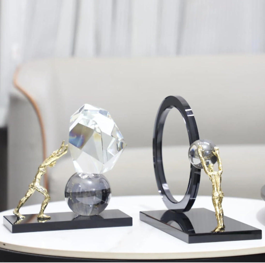 Abstract Atlas Crystal & Metal Sculpture – Handmade Modern Art Figurine, Geometric Crystal Stone Statue for Home Office Decoration & Collectible Gift (7.9'' x 4.1'' x 7.9'', 6 lbs)