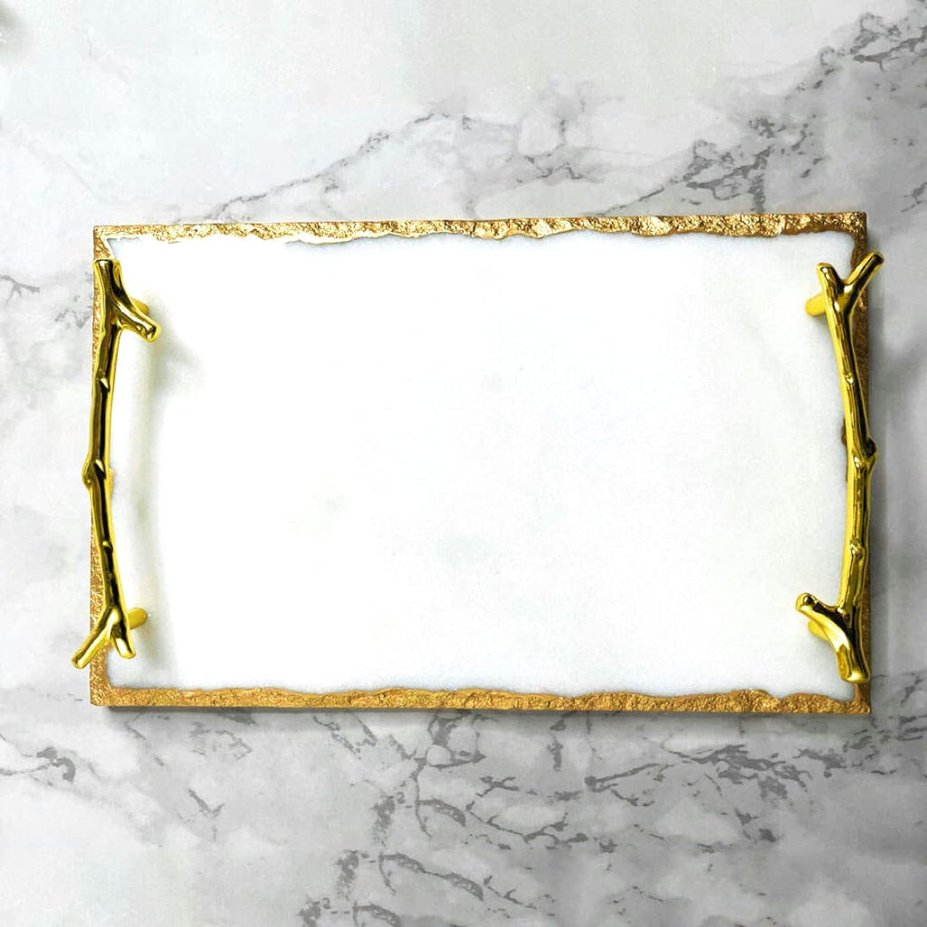 Luxury Marble Tray with Stylish Metal Handles, Vanity Tray, Marble Serving Tray for Kitchen, Counter, Dresser, Nightstand and Desk (White with Gold Edges and Handles (Round))