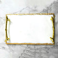 Luxury Marble Tray with Stylish Metal Handles, Vanity Tray, Marble Serving Tray for Kitchen, Counter, Dresser, Nightstand and Desk (White with Gold Edges and Handles (Round))