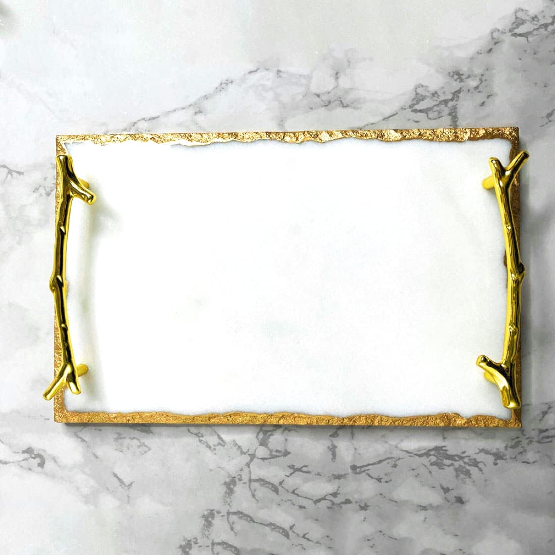 Luxury Marble Tray with Stylish Metal Handles, Vanity Tray, Marble Serving Tray for Kitchen, Counter, Dresser, Nightstand and Desk (White with Gold Edges and Handles (Round))