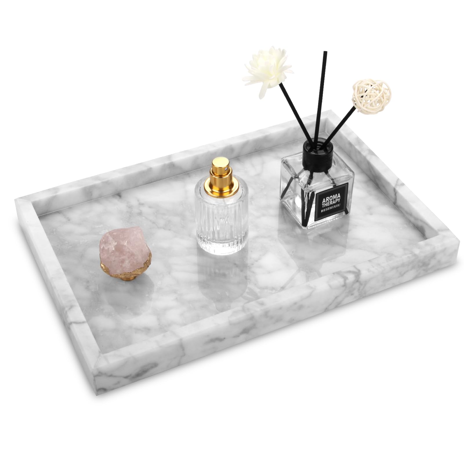 Marble Bathroom Vanity Tray, Natural Luxury Vanity Home Kitchen Bathroom Table Tray, Stone Decorative Countertop Dresser Trays for Key Coffee Perfume Jewelry Makeup (Calacatta Viola, 12"x 8" x1.2")