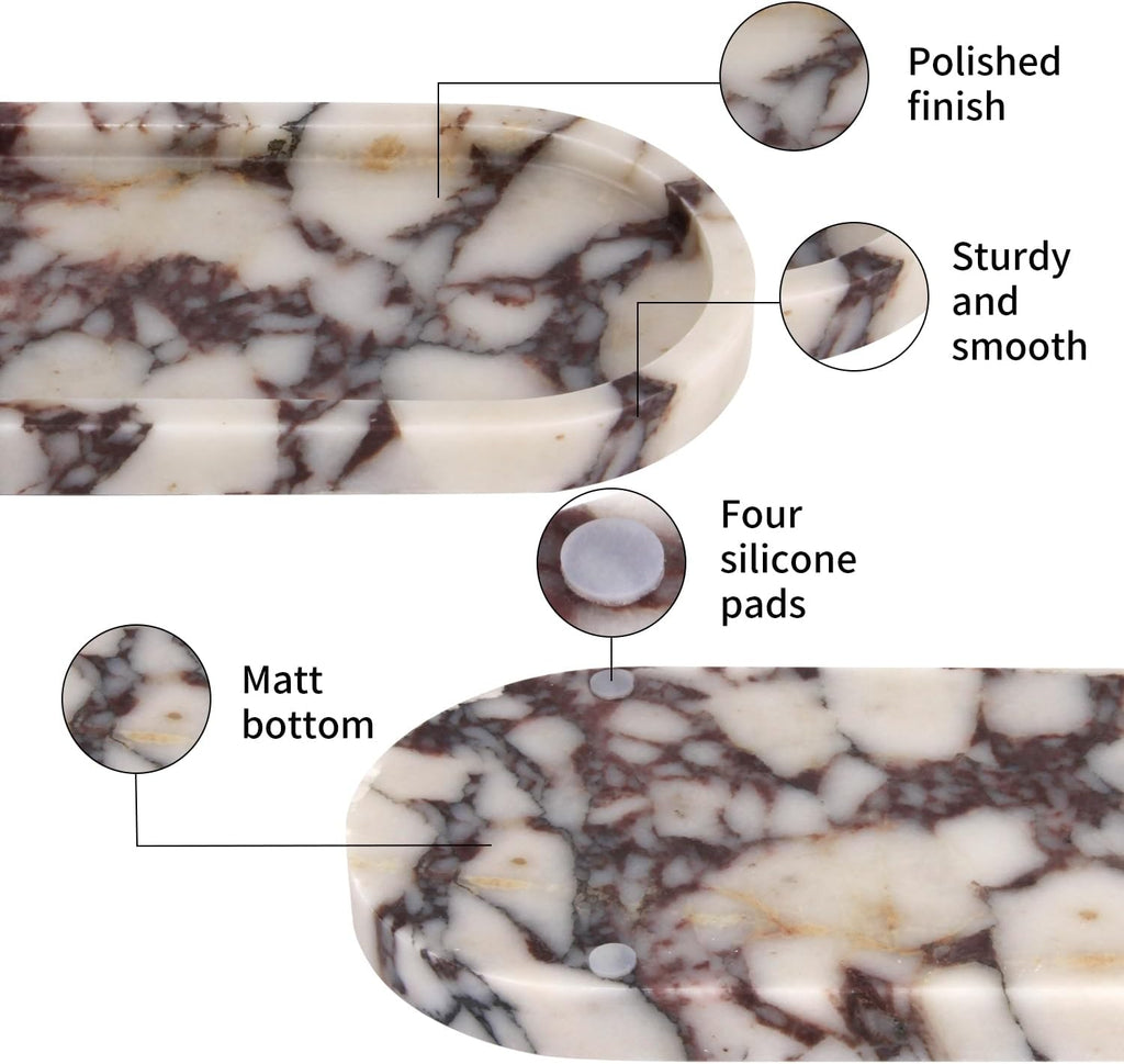 Natural Marble Tray Oval, Bathroom Vanity Tray for Countertop, Elegant Stone Decorative Organizer for Perfume, Jewelry, Home Decor (1, Calacatta Viola, 10 x 5 x 0.6)