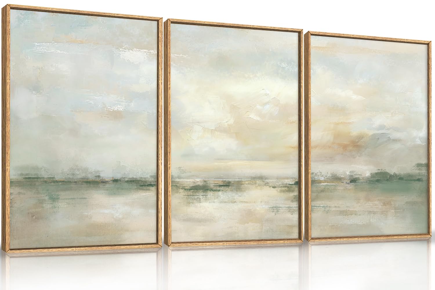 LHIUEM Large Abstract Green Gray Pastel Framed Canvas Wall Art,Neutral Landscape Wall Decor,Modern Watercolor Lake Artwork,Beige Textured Illustrations Art for Living Room,Bedroom,Office- 20"x40"x1